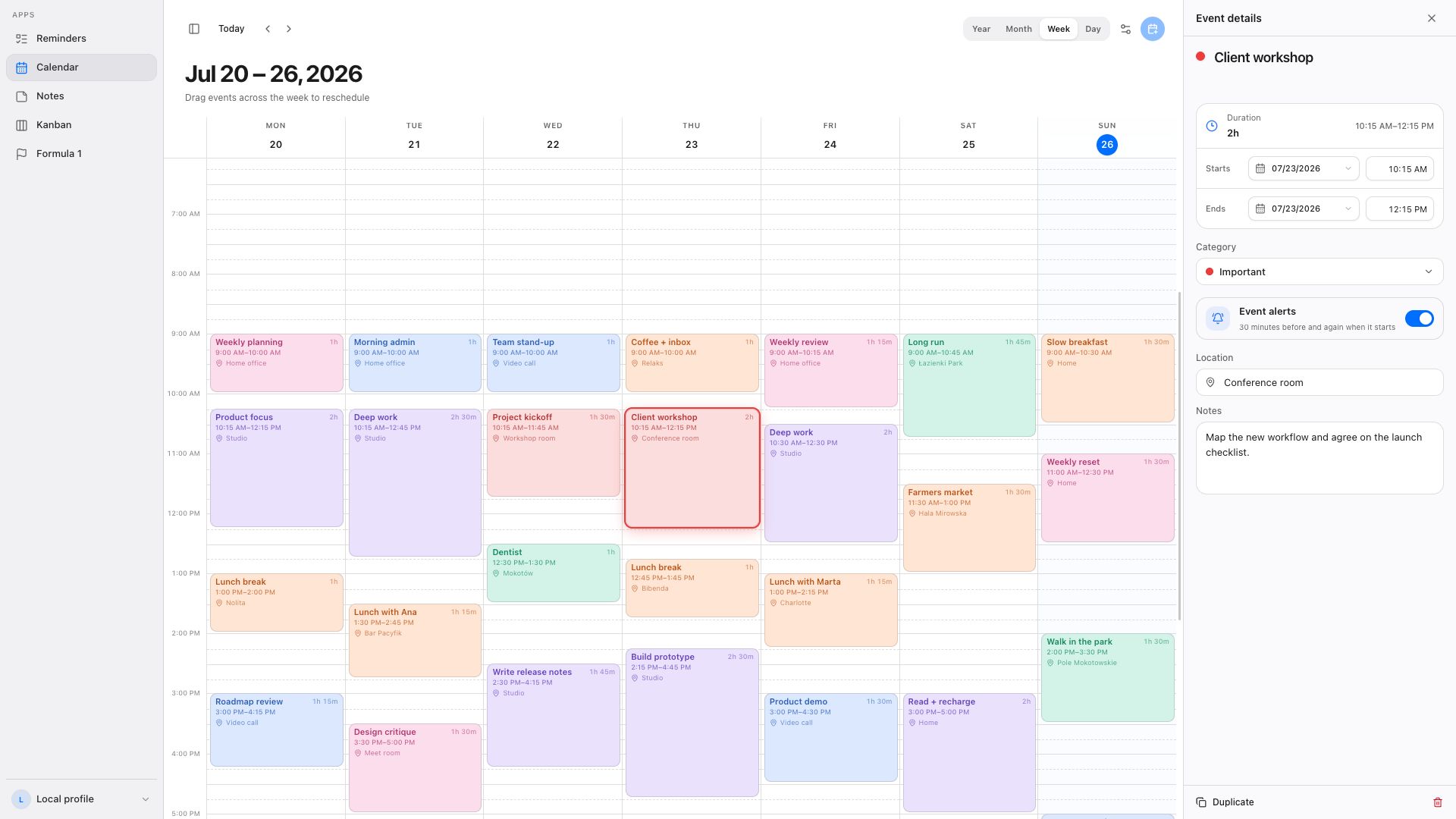 Lifever week calendar showing color-coded events across a compact full-day view